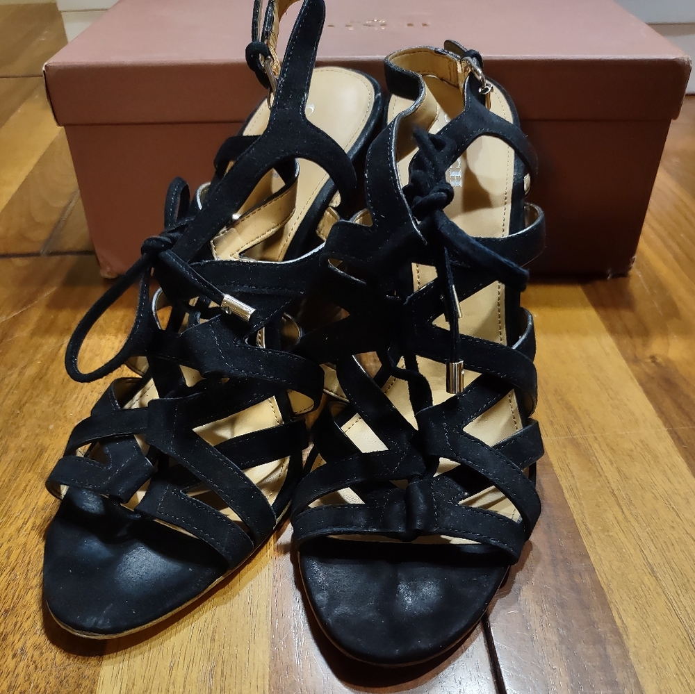 Coach Joy Black Suede Lace-up Strappy Wedges Size 9 Excellent Condition